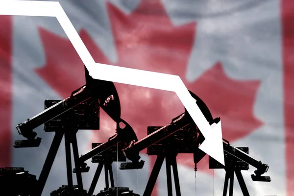 Oil supplies are down in Canada.Economic crisis, decrease in fuel consumption.In background canada flag.