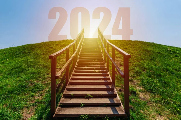 New Year Concept 2024 New Year Future Numbers Top Mountain — Stock Photo, Image