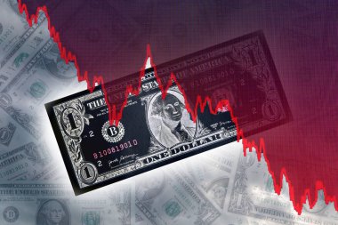 Dolar. Düşen kırmızı çizelge. Olumsuz trendler. Devletin tahvillerinde düşen fiyatlar. Bankacılık sektörünün iflası. Birleşik Devletler ekonomisinin bir sembolü olarak Washington 'da olumsuz göstergeler.