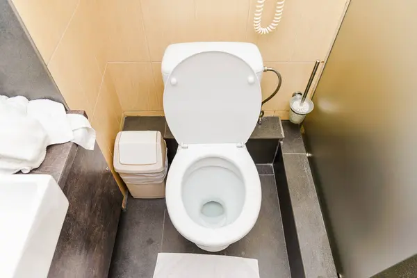 Tuvaletin Kapağı Açık Üstü Gri Kiremit Kaplı Beyaz Tuvalet Tuvalet — Stok fotoğraf