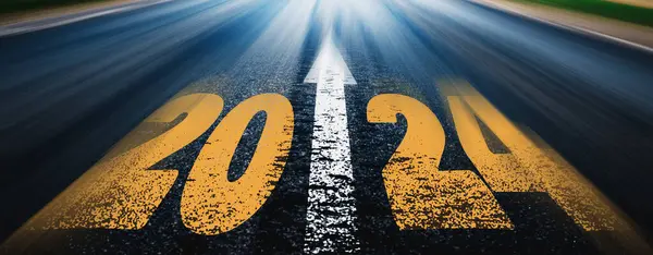 Nuevo Año 2024 Escrito Carretera Con Movimiento Borroso Banner Advertisement Imagen De Stock