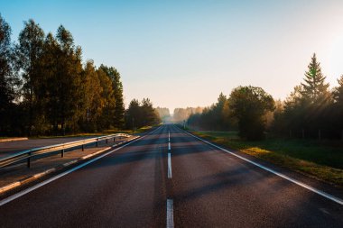 Sonbahar ormanının ortasında boş bir yol. Güzel ağaçlar, yol, yeşil yapraklı ağaçlar ve bulutlu gökyüzü. Sonbaharda ormanın içinden geçen boş asfalt yolu olan manzara. Seyahat konsepti..