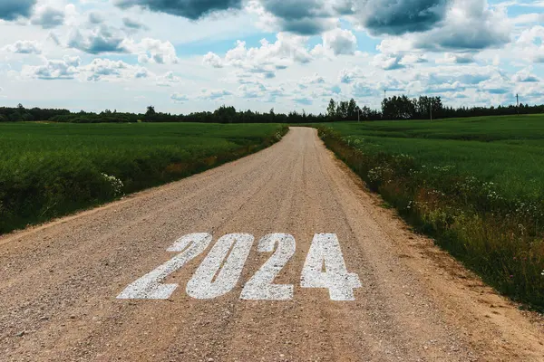 New Year Goals Numbers 2024 Written Rural Road Beginning New — Stock Photo, Image