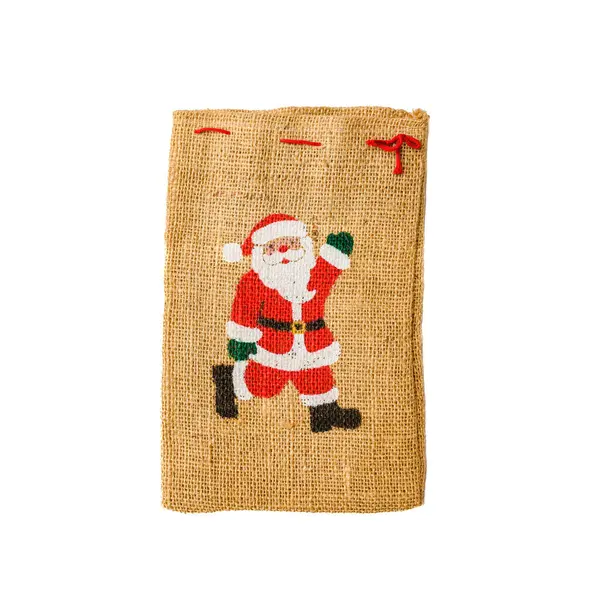 Empty Christmas Linen Bag Painted Santa Claus White Isolated Background — Stock Photo, Image