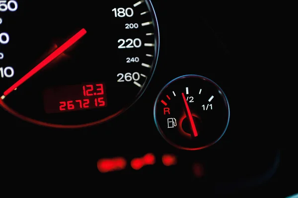 Car\'s dashboard.Modern car dashboard panel at night time.Closeup,selective focus.