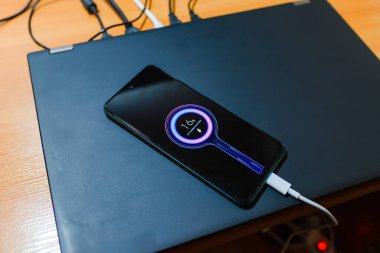 Telefon şarjı. Dizüstü bilgisayardaki cep telefonu şarjı akıllı şarj aletinden şarj oluyor. Modern teknoloji, taşınabilir hızlı şarj cihazı..