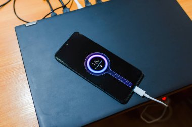 Modern teknoloji, taşınabilir hızlı şarj cihazı. Telefon şarjı. Bilgisayardaki cep telefonu akıllı şarj cihazının şarj bataryası..
