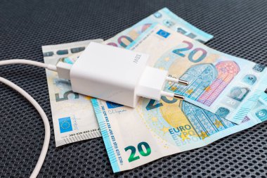 Avro kağıdı parasının üzerine beyaz elektrik fişi takılmış. Elektrik maliyeti, tasarruf kavramı.