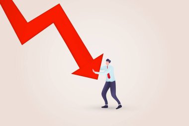 3D Bankrupt businessman pushed by downward Red arrow going down. Symbol of bankruptcy, failure, recession, crisis and financial losses on stock exchange market. clipart