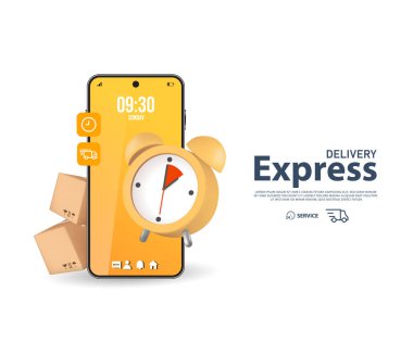 3D Çevrimiçi Ekspres Teslimat. Hızlı teslimat paketi cep telefonundan geliyor. Vektör illüstrasyonu