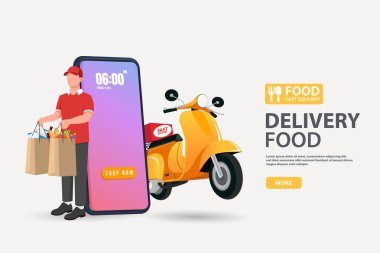 Yiyecek dağıtan çocuk cep telefonunda müşteri haritasını gören paket yiyecek dağıtıyor. Sarı scooterlı yemek siparişi ve teslimat konsepti