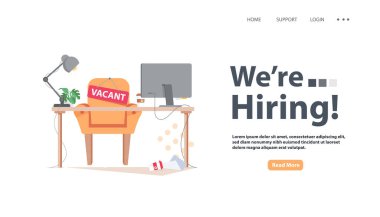 Boş ofis sandalyesinde boşluk işareti olan bir web sitesi kiralıyoruz. İşletme tasarım konsepti. Vektör illüstrasyonu