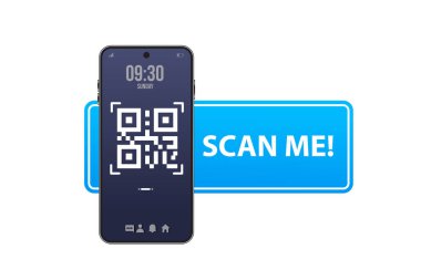Akıllı telefonun QR kodu. Yazı beni akıllı telefon 3D simgesiyle tarıyor. Ödeme için Qr kodu.