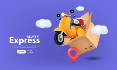 Kutular ve paketler üzerinde scooter ile 3D ekspres paket. 3d vektör illüstrasyonu