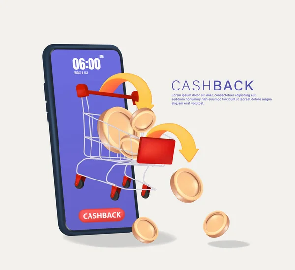 Cashback Mobiltelefon Med Pil Falska Mynt Och Vagn Vektorillustration Royaltyfria Stockvektorer