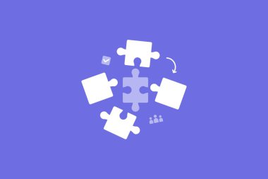 Mor arkaplandaki yapboz parçalarını birleştir. Vektör illüstrasyonu