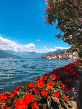 İtalya 'nın Lombardy kentinin en ünlü ve pitoresk kasabalarından biri olan Bellagio' nun göz kamaştırıcı manzarası Como Gölü ve Avrupa Alpleri.