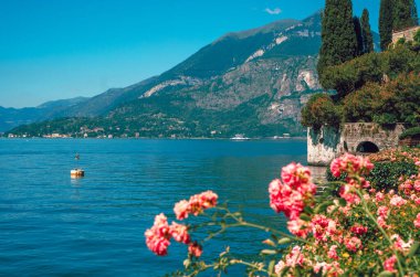 Como Gölü ve Alp Dağlarının güzel manzarası Villa Cipressi, Varenna, İtalya 'nın botanik bahçesinden görülebilir. İtalyan manzarası, güneşli bir yaz gününde.