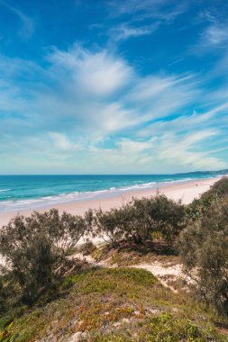 Güneşli bir günde Peregian Sahili 'nin inanılmaz geniş manzarası. Sahilde tepeden görülebilen turkuaz su dalgaları ile muhteşem bir sahil manzarası. Güzel bir seyahat yeri. Noosa, Günışığı Sahili, Avustralya.