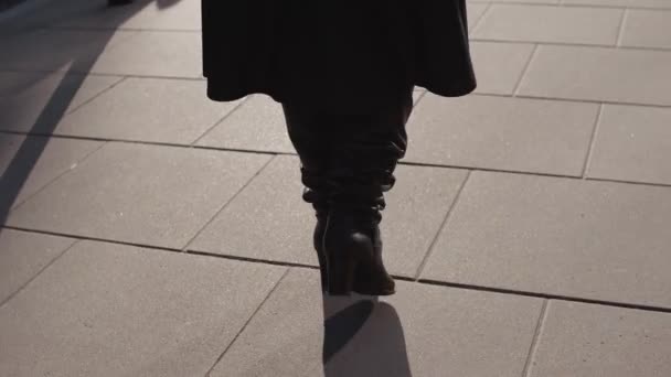 Μια Ηλικιωμένη Καυκάσια Κομψή Γυναίκα Που Περπατάει Στο Δρόμο Κρατώντας — Αρχείο Βίντεο
