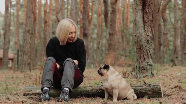 Sarışın Beyaz Bir Kadın Köpeğiyle Dışarıda Vakit Geçiriyor Kütüğün Üzerinde — Stok video