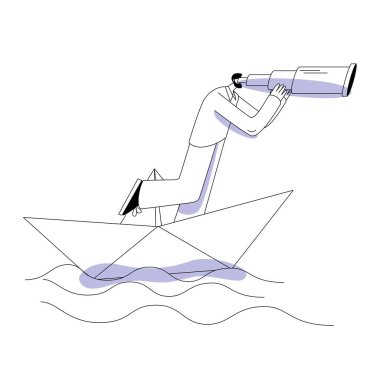 Takım elbiseli bir şirketin üst düzey yöneticisi kağıttan bir teknenin dürbününden bakar. Şirket yönetimi ve kriz yönetimi hakkında vektör illüstrasyon.