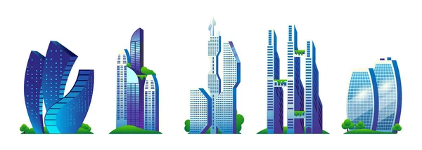 Egy Sor Modern Felhőkarcoló Különböző Építészeti Stílusban Teljes Színű Vektor — Stock Vector