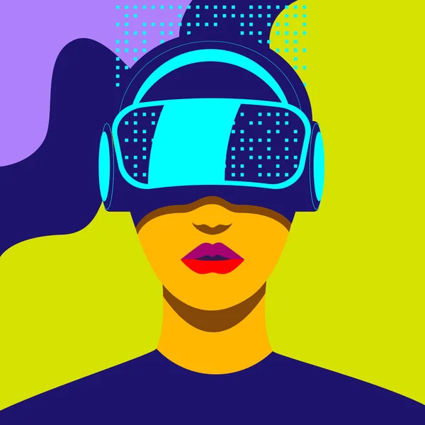 Girl Virtual Reality Helmet Studies Data Arrays Vector Illustration Neon — Stock Vector