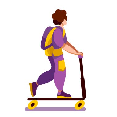 Kıvırcık saçlı ve sırt çantalı bir kız scooter kullanıyor. Düz bir şekilde vektör illüstrasyonu.