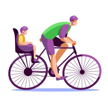 A man with a child in a special chair rides a bicycle. Illustration on the theme of cycling with young children. Vector illustration in a flat style.