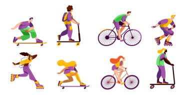 Characters in bright clothes ride roller skates, bicycles, scooters and skateboards. A set of vector illustrations with characters.
