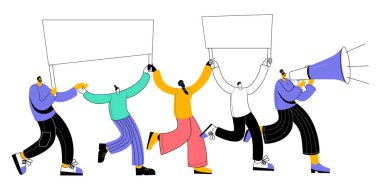 A column of demonstrators with banners steps forward. Vector illustration in funny style.