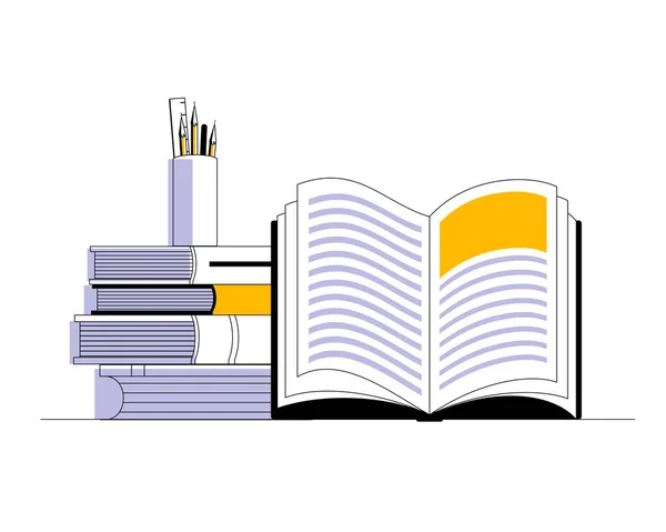 Een Stapel Boeken Een Open Boek Liggen Tafel Vector Illustratie — Stockvector