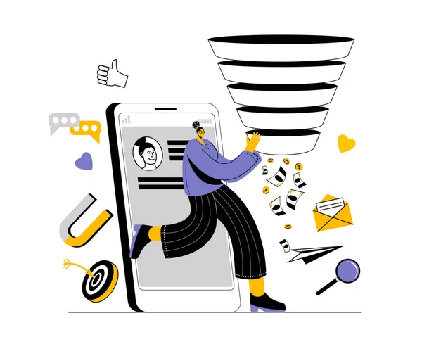 Blogueiro Sai Smartphone Com Funil Vendas Nas Mãos Ilustração Vetorial — Vetor de Stock