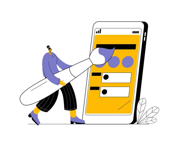 Kız Cep Telefonu Ekranında Büyük Bir Fırçayla Resim Çiziyor Mobil Stok Illüstrasyon