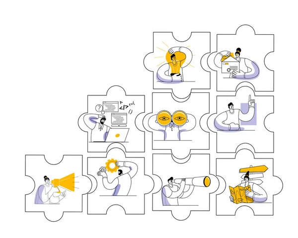 Verschiedene Charaktere Machen Den Puzzleteilen Geschäfte Vektorillustration Zum Thema Interaktion — Stockvektor