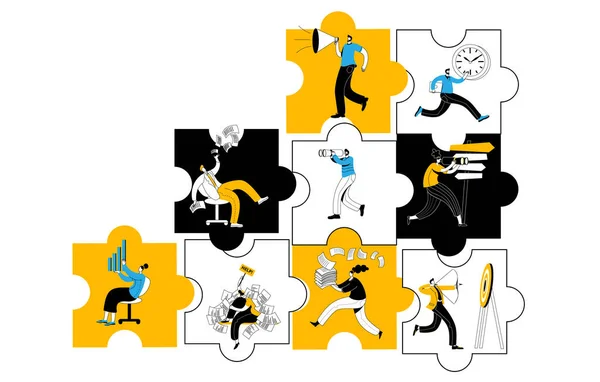 Verschiedene Charaktere Machen Den Puzzleteilen Geschäfte Vektorillustration Zum Thema Interaktion — Stockvektor