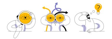 Büyüteçli karakter, dürbünlü adam, ampullü adam. Mobil uygulama için vektör çizimleri kümesi. Doğrusal modern biçim.