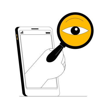 Akıllı telefon, elinde kocaman bir büyüteç tutuyor. Vektör çizimi. Gerekli çevrimiçi ve çevrimdışı bilgileri aramada akıllı telefon asistanı.