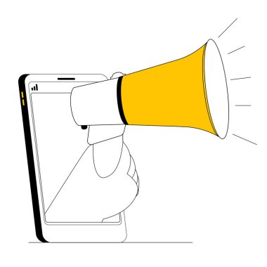 A hand with a screaming megaphone sticks out of a smartphone. Vector illustration in a flat style on the topic of attracting followers.