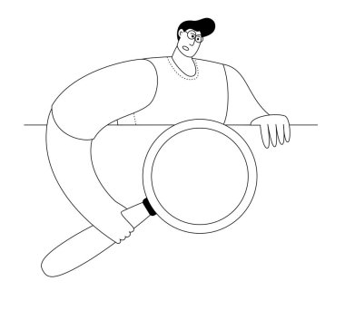 Elinde büyüteç olan bir adam bir şey arıyor. Vektör çizimi. Gerekli bilgileri arama konulu sayfaları işaretlemek için simge. Doğrusal biçim