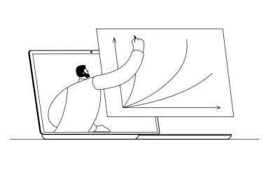 Hoparlörle birlikte ekranı aç. Çevrimiçi finans ve pazarlama eğitimi. E-öğrenme temasında vektör illüstrasyonu.