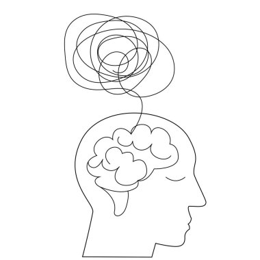 Beyni ve düşünceleri olan birinin profili. Hayattaki psikolojik yardım konusunda vektör illüstrasyon.