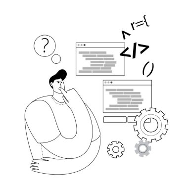 Bir müteahhit özenle koduna bakar ve bir hata arar. Programlama konusunda vektör illüstrasyonuName.