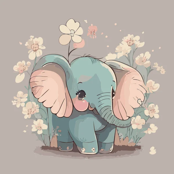 Blå Elefant Sitter Blomma Fylld Ram Med Rosa Blommor Och — Stock vektor