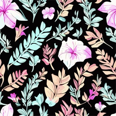 Çiçeklerin birçok çeşidinde son moda çiçek deseni. Tropik botanik desen. Kusursuz vektör dokusu. Koyu arkaplanda el çizimi tarzı. Kusursuz çiçek deseni
