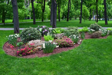 Canlı yeşil çimlerle, çeşitli bitki ve çiçeklerle dolu yemyeşil bir park sahnesi. Parkta bir patika var, sayısız ağaçla çevrili. Çiçek tarlasında beyaz ve mor çiçekler, eğrelti otları ve çalılar yer alır.