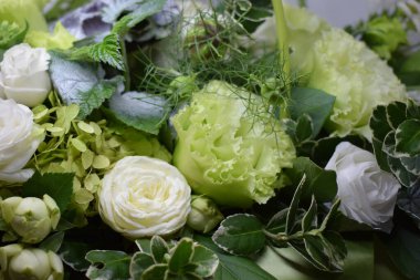 Beyaz ve açık yeşil çiçeklerden oluşan zarif ve zarif bir düzenleme, doğal güzelliklerini yakından yansıtıyor. Çiçekler taze ve canlı görünüyor, narin taç yaprakları ve dokuları vurguluyor.