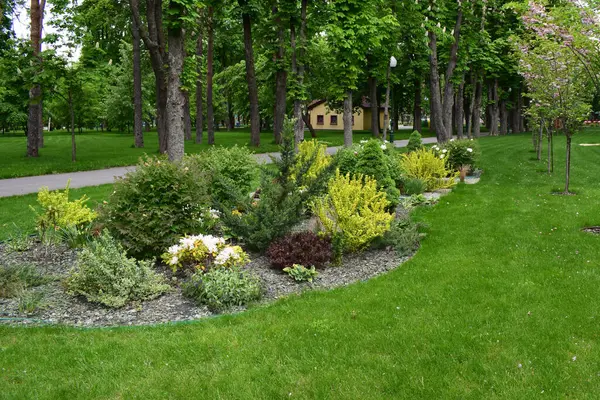 Çalılar, küçük bitkiler ve ağaçların bulunduğu iyi korunmuş, yemyeşil bir park alanı. Yan yana uzanan bir patika var ve arka planda küçük bir bina görünüyor. Manzara yeşilin farklı tonlarıyla dolu, biraz da çiçekli p ile.