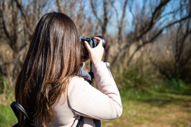 Kuru bir ormanın fotoğrafını çeken güzel bir kadın.